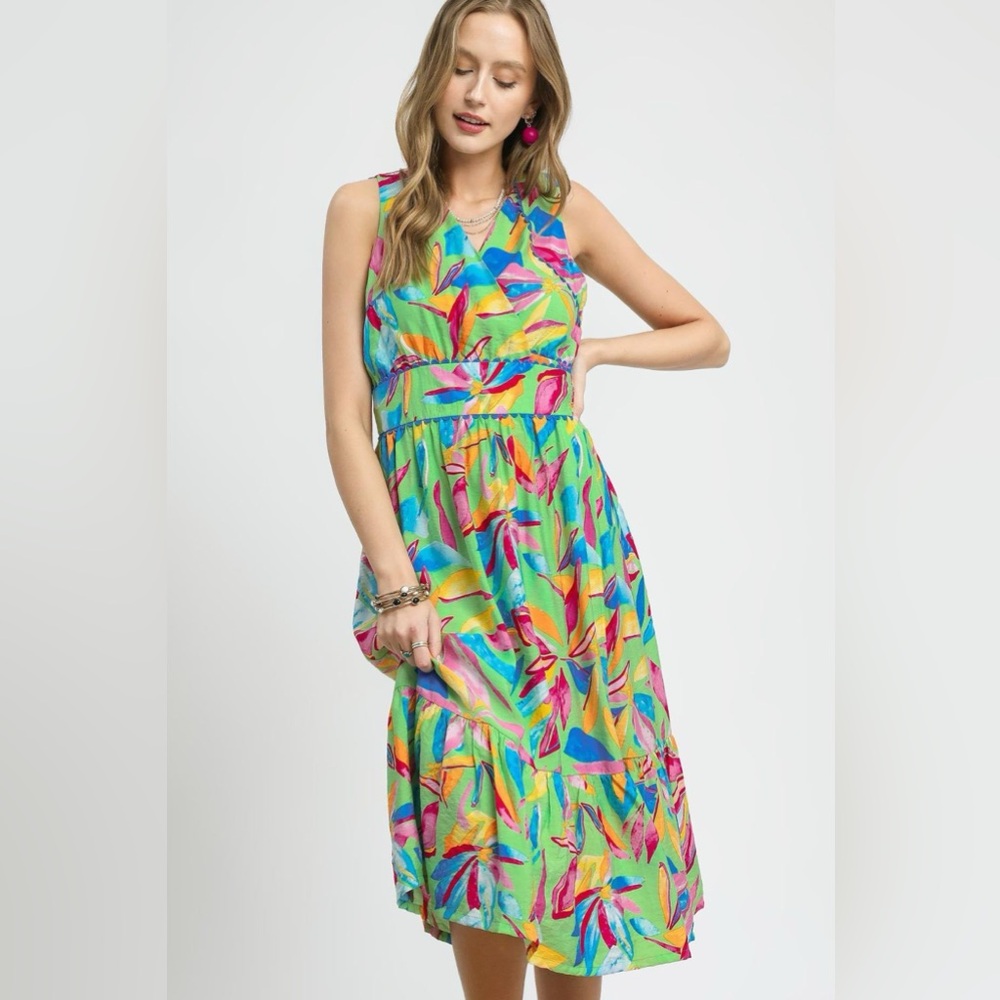 Umgee Ruffled Hem Printed Sleeveless Midi Dress